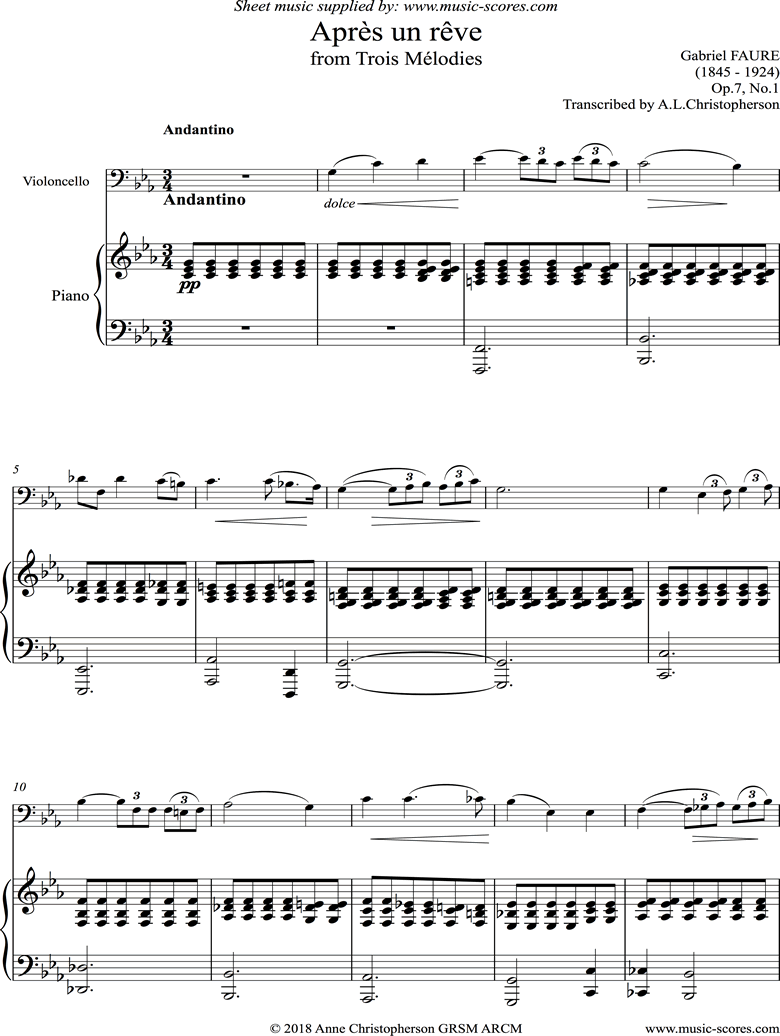 Op.07 No.1: Apres un Reve: Cello by Faure