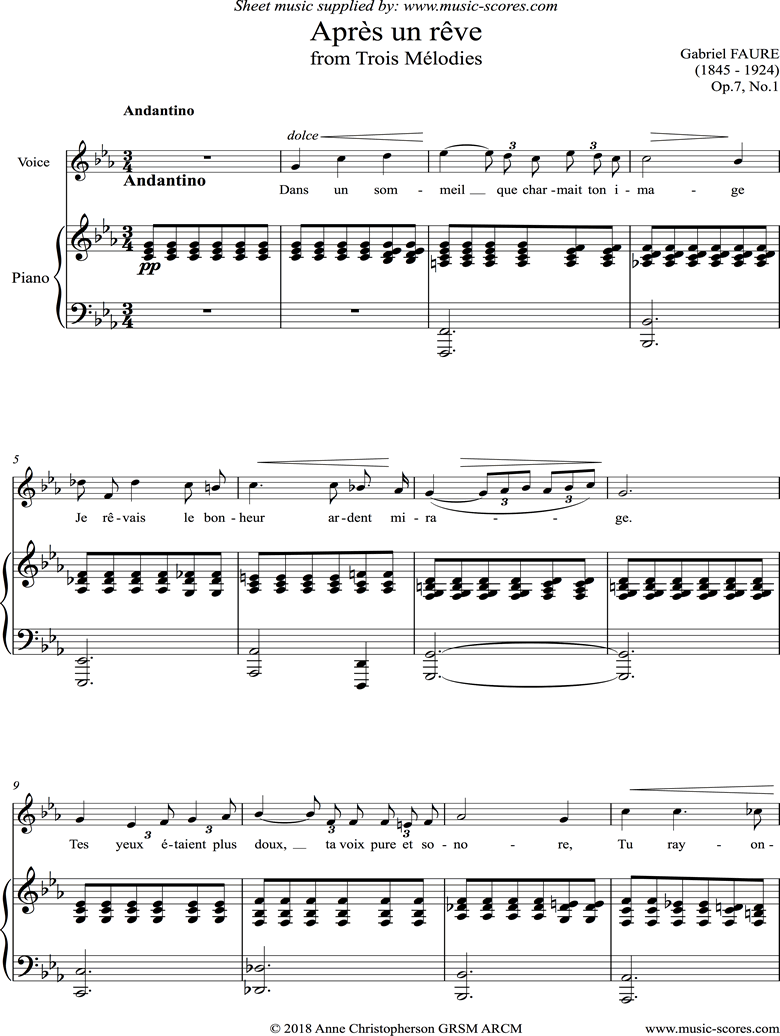 Op.07 No.1: Apres un Reve: Voice by Faure