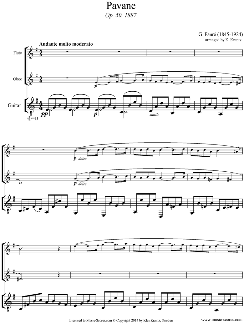 Op.50: Pavane: Flute, Oboe, Guitar: E mi by Faure