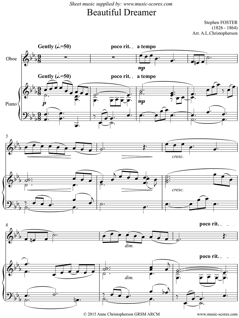Front page of Beautiful Dreamer: Oboe sheet music