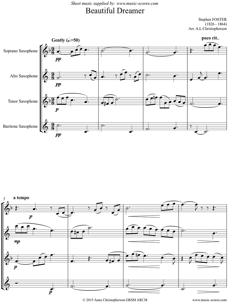 Front page of Beautiful Dreamer: Sax Quartet sheet music