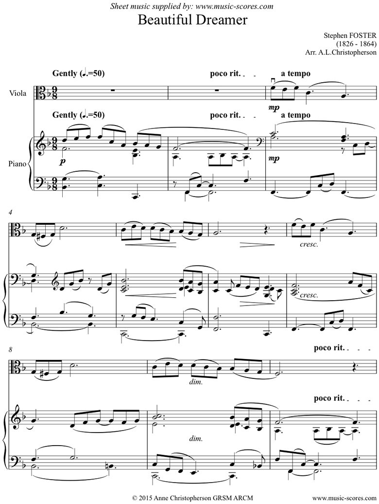 Front page of Beautiful Dreamer: Viola sheet music