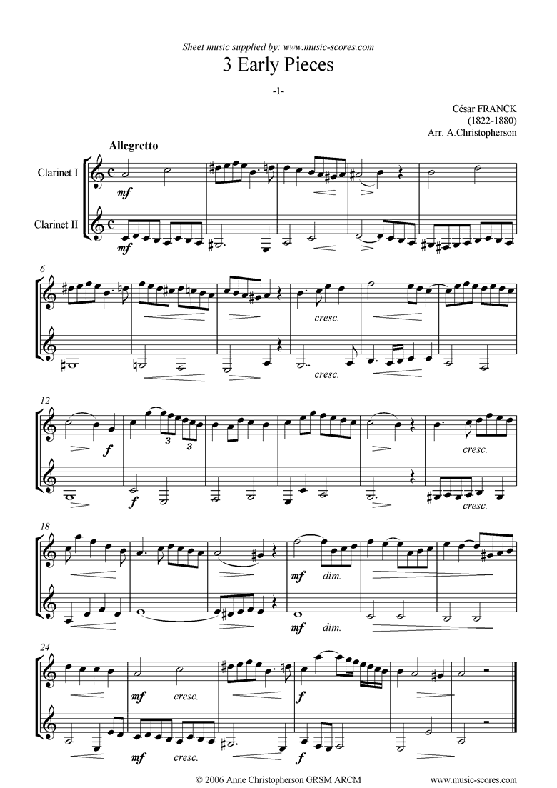 Front page of 3 Early Pieces: No.1: 2 Clarinets sheet music
