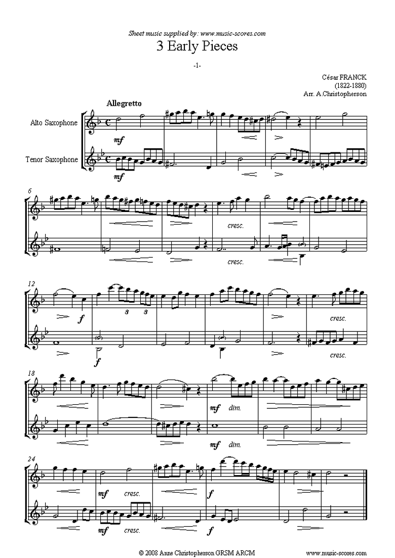 Front page of 3 Early Pieces: No.1: Alto and Tenor Sax sheet music