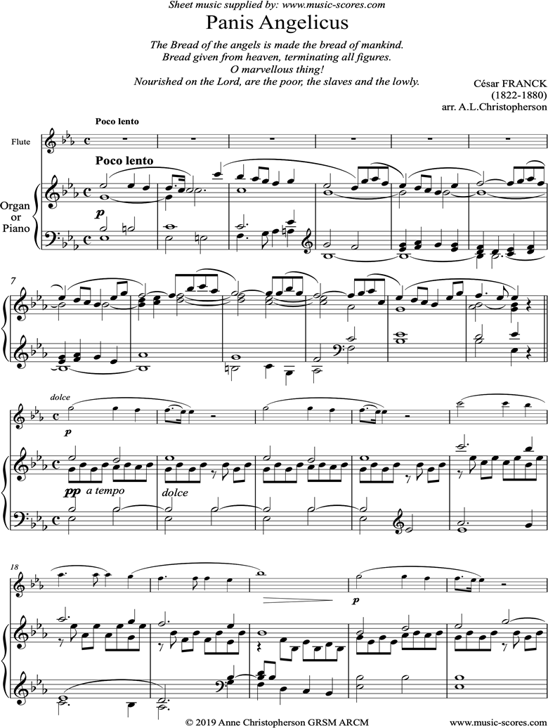 Front page of Panis Angelicus:  Flute and Organ Eb sheet music
