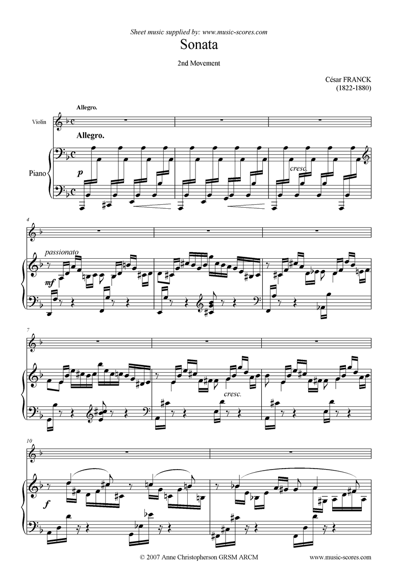 Front page of Violin Sonata: 2nd movement: Allegro sheet music