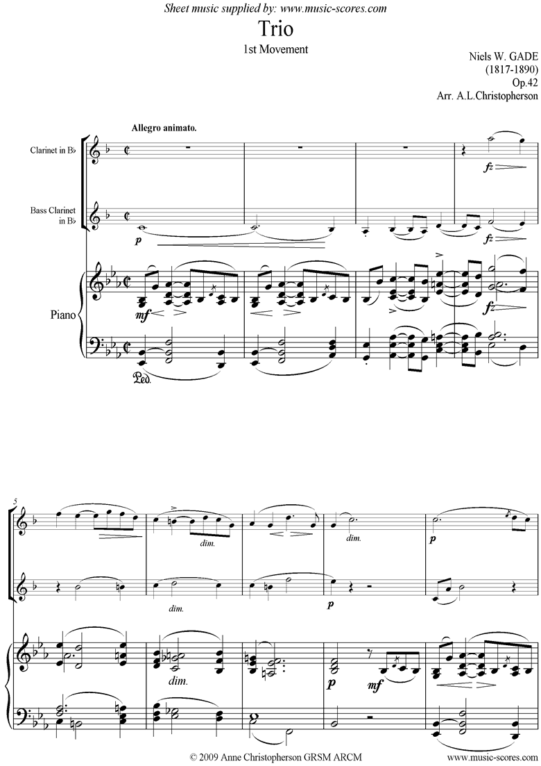 Op.42: Piano Trio: 1st mt: Clari, Bass Clari, Pno by Gade
