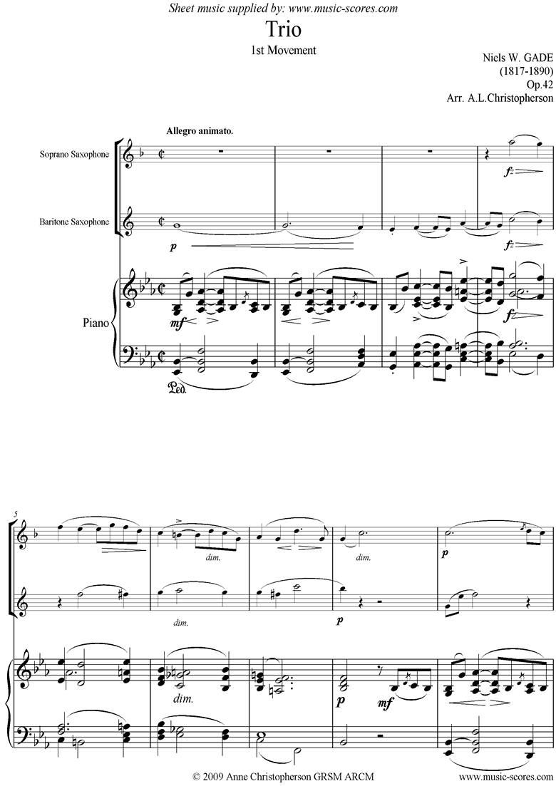 Front page of Op.42: Piano Trio: 1st mt: Sop Sax, Bari Sax, Pno sheet music