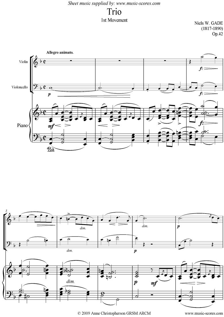 Op.42: Piano Trio: 1st mt: Violin, Cello and Piano by Gade