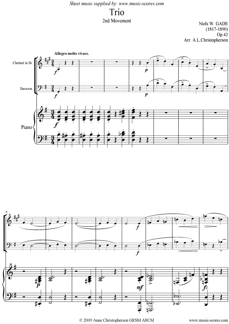 Front page of Op.42: Piano Trio: 2nd mvt: Clari, Bassn, Pno sheet music