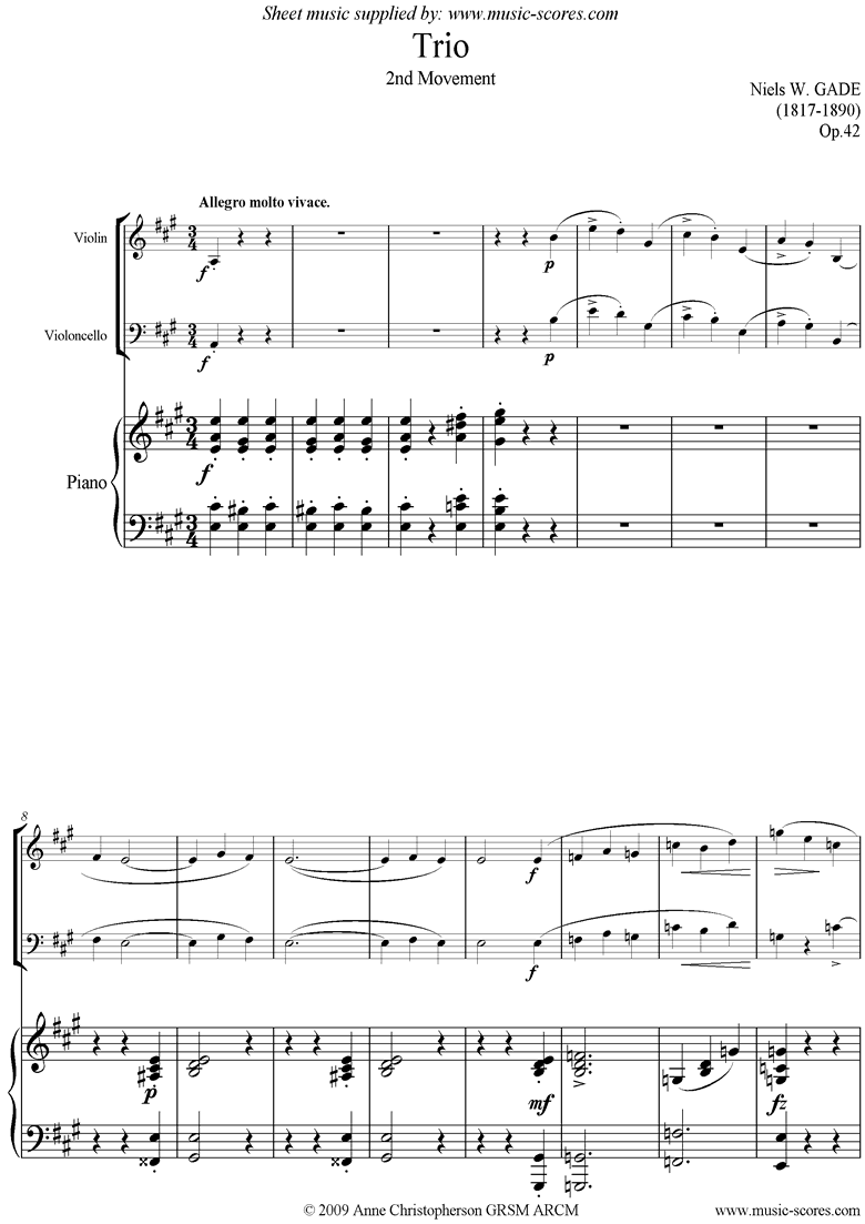Op.42: Piano Trio: 2nd Mt: Violin, Cello and Piano by Gade