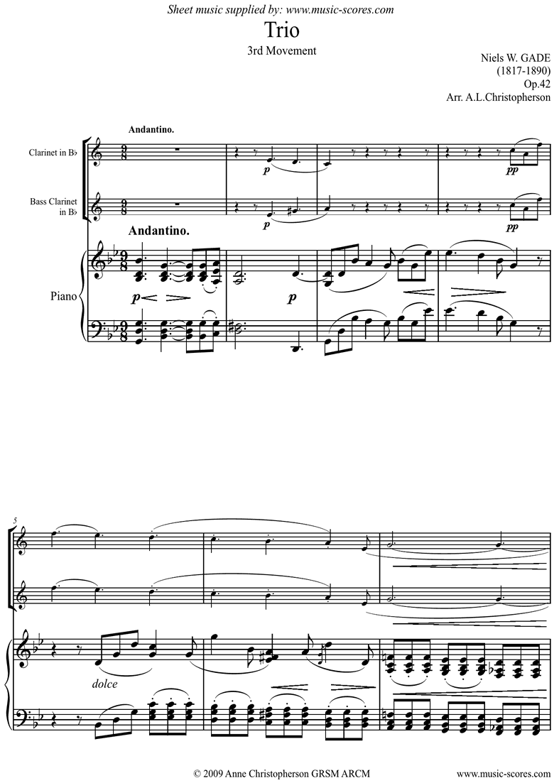 Op.42: Piano Trio: 3rd mt: Clari, Bass Clari, Pno by Gade