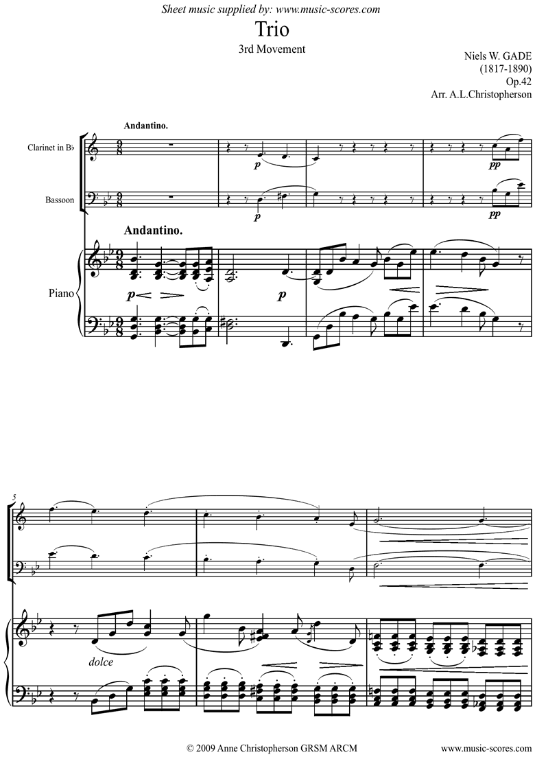 Op.42: Piano Trio: 3rd mvt: Clari, Bassn, Pno by Gade