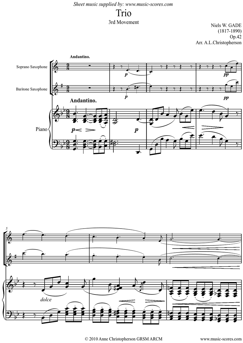Op.42: Piano Trio: 3rd mt: Sop Sax, Bari Sax, Pno by Gade
