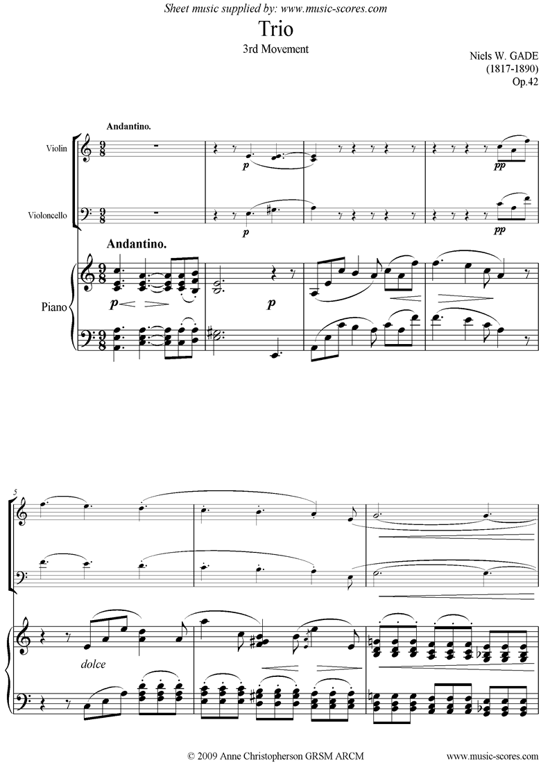 Op.42: Piano Trio: 3rd mt: Violin, Cello and Piano by Gade