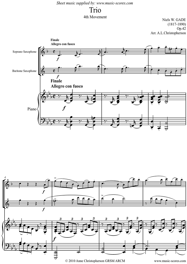 Op.42: Piano Trio: 4th mt: Sop Sax, Bari Sax, Pno by Gade
