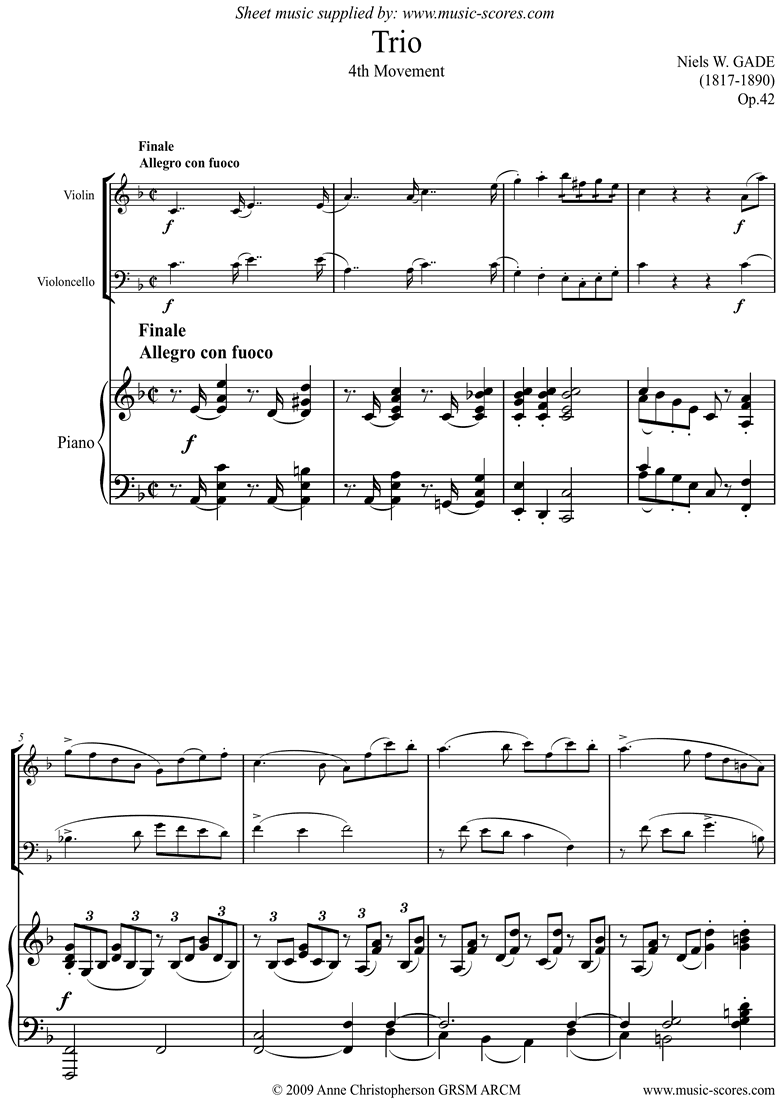 Op.42: Piano Trio: 4th mt: Violin, Cello and Piano by Gade