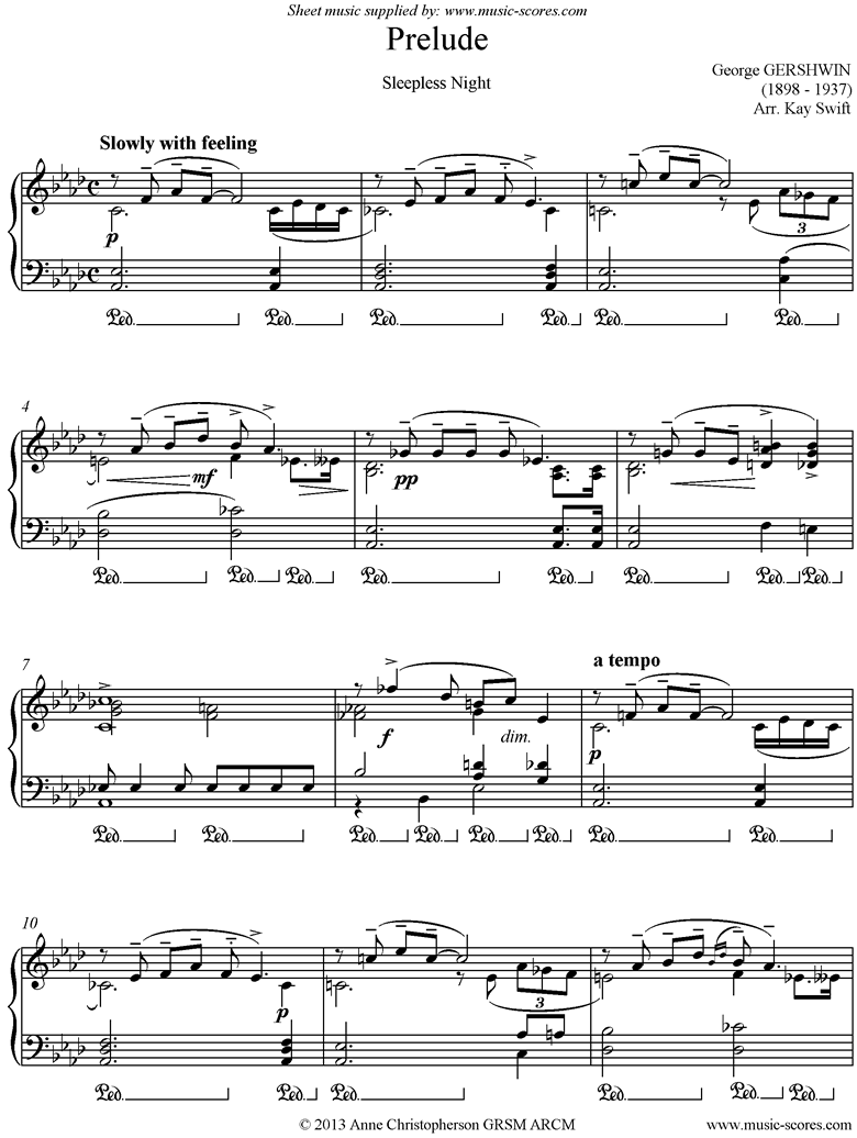 Front page of Prelude: Sleepless Night sheet music