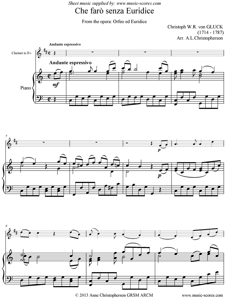Front page of Orfeo ed Euredice: Che Faro Senza Euridice: Clarinet and Piano, harder sheet music