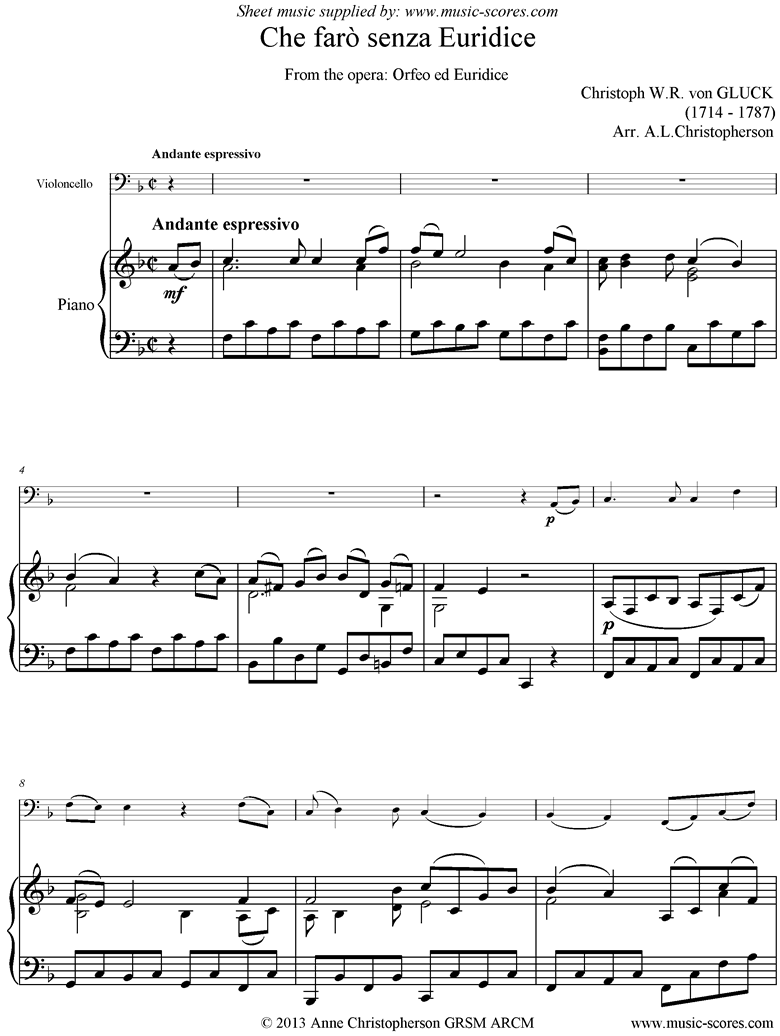 Front page of Orfeo ed Euredice: Che Faro Senza Euridice: Cello and Piano, low version sheet music