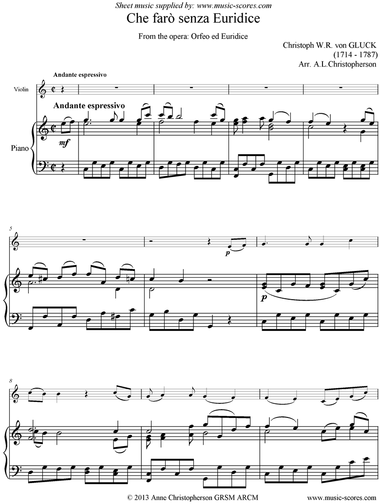 Front page of Orfeo ed Euredice: Che Faro Senza Euridice: Violin and Piano, easier sheet music
