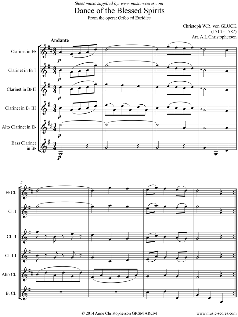 Orfeo ed Euredice: Melody: Clarinet 5: Eb, 3 Bb, Alto, Bass Clarinets by Gluck