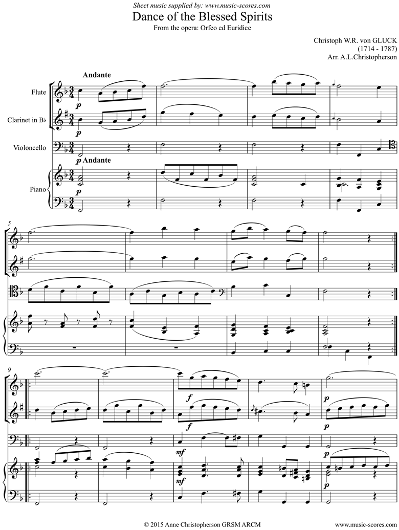 Front page of Orfeo ed Euredice: Dance of the Blessed Spirits: Flute, Clarinet, Cello, Piano sheet music