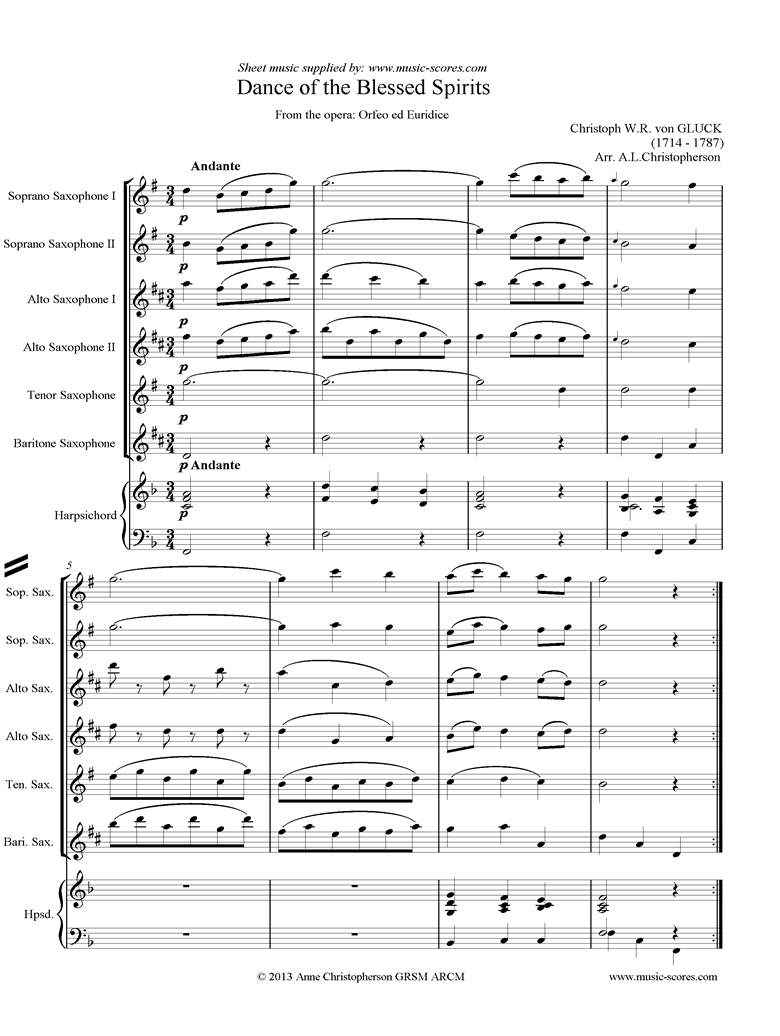 Front page of Orfeo ed Euredice: Dance of the Blessed Spirits: Saxes, Harpsichord sheet music