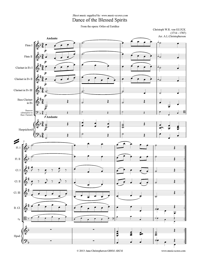 Front page of Orfeo ed Euredice: Dance of the Blessed Spirits: Wind, Harpsichord sheet music