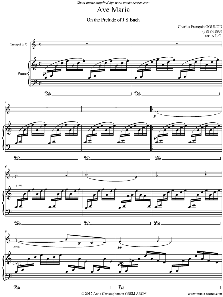 Front page of Ave Maria: C Trumpet sheet music