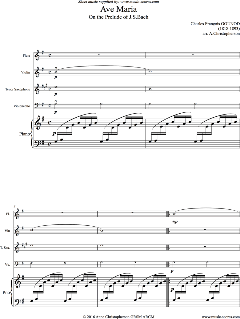 Ave Maria: Flute, Violin, Tenor Sax, Cello, Piano: G maj by Gounod