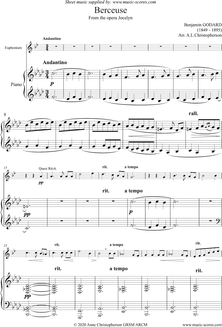 Front page of Jocelyn: Berceuse: Euphonium and Piano sheet music