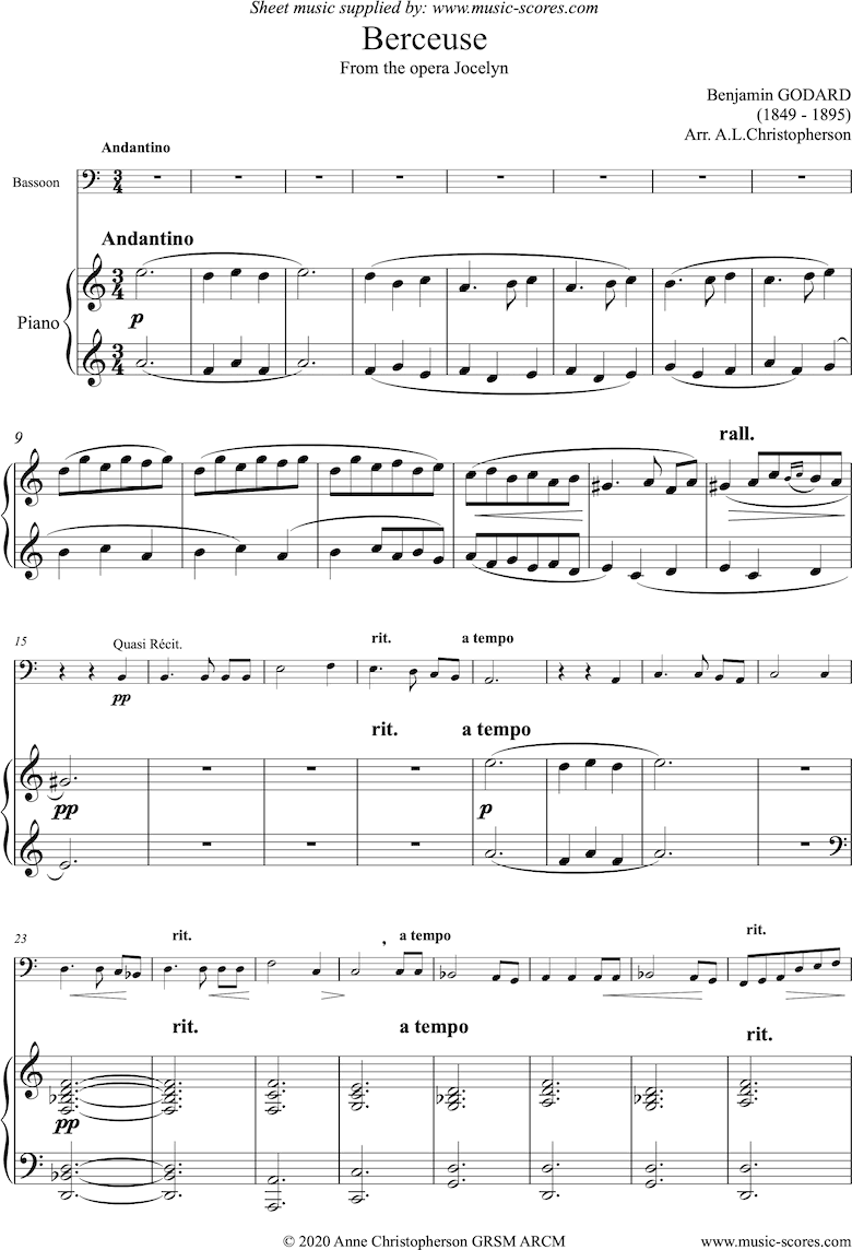 Jocelyn: Berceuse: Bassoon and Piano by Godard