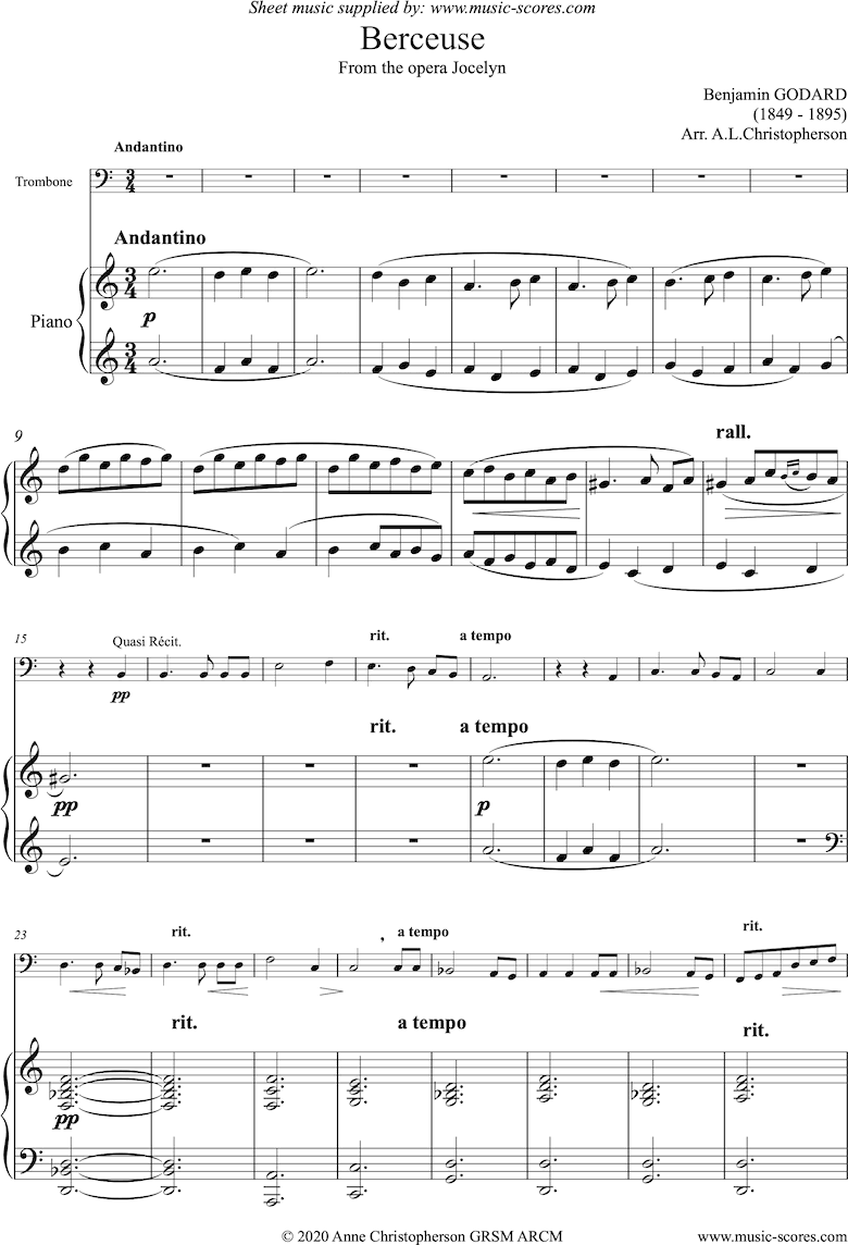Jocelyn: Berceuse: Trombone and Piano by Godard