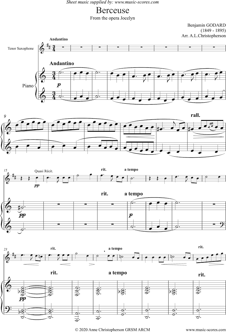 Jocelyn: Berceuse: Tenor Sax and Piano by Godard