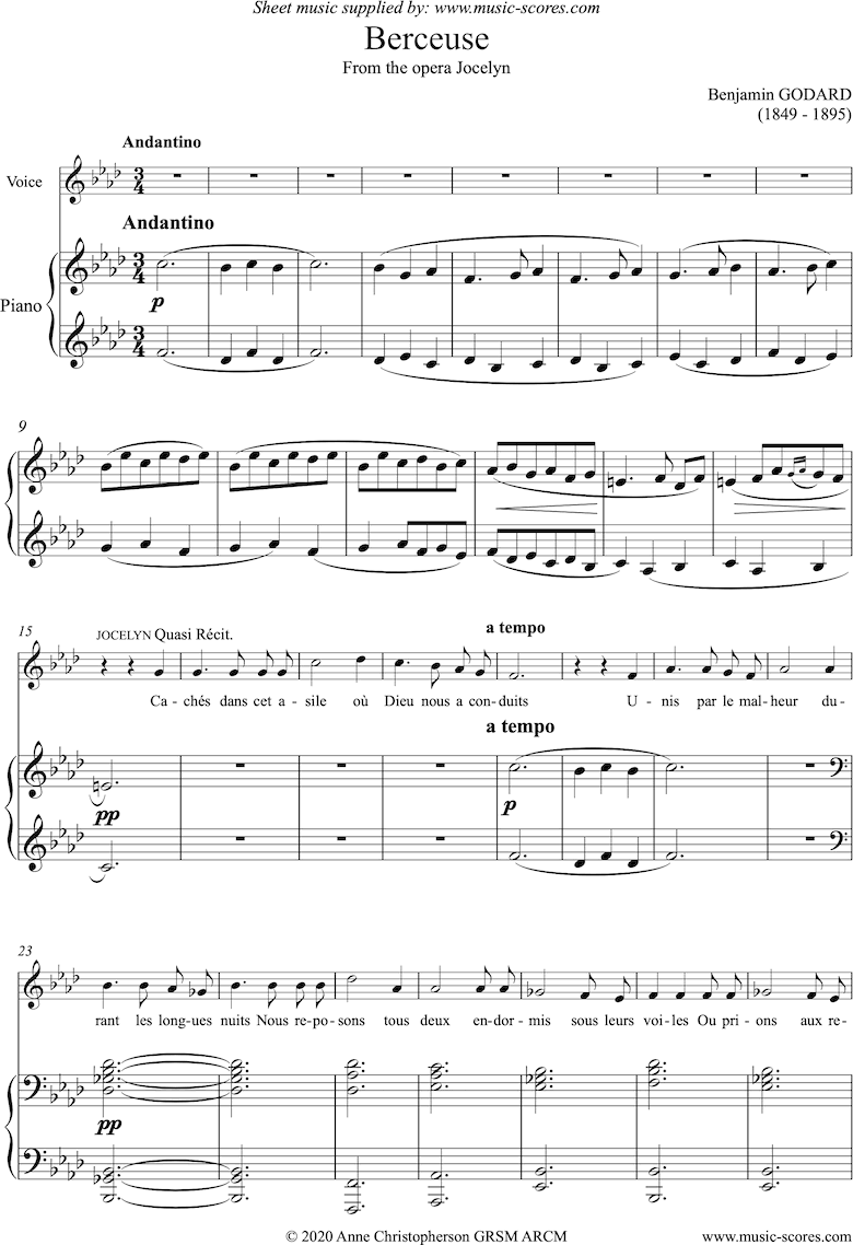 Front page of Jocelyn: Berceuse: Voice and Piano - F minor sheet music