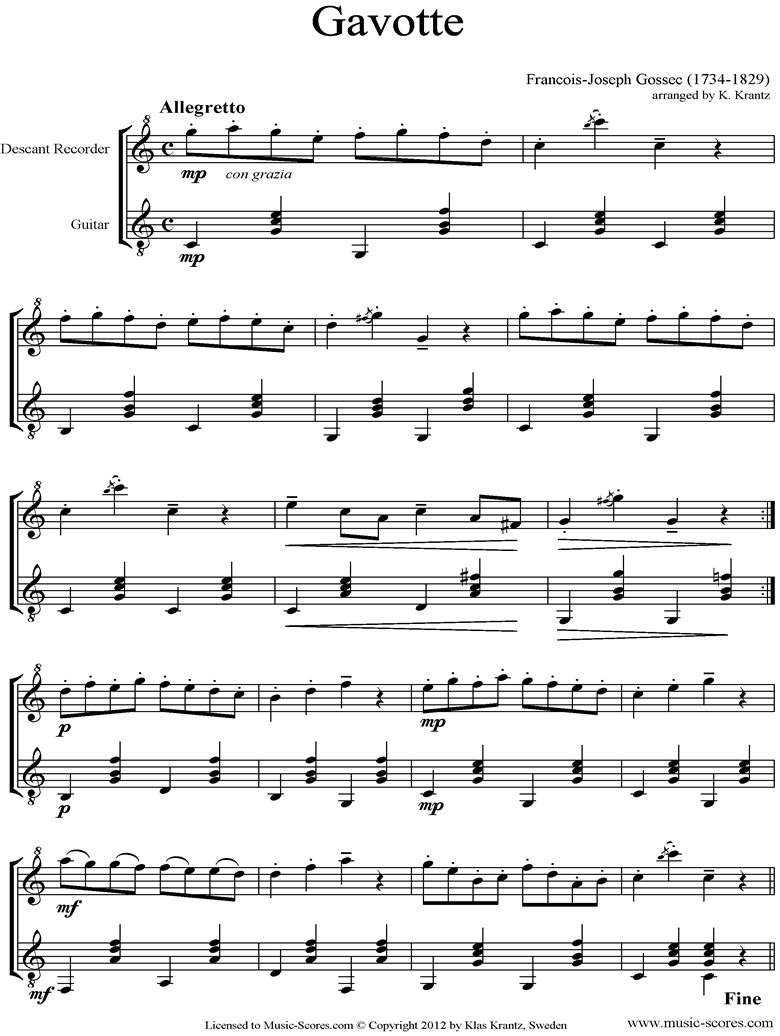 Front page of Gavotte: Descant Recorder, Guitar sheet music