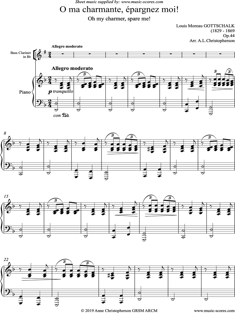 Front page of O ma charmante, epargnez moi: Bass Clarinet sheet music