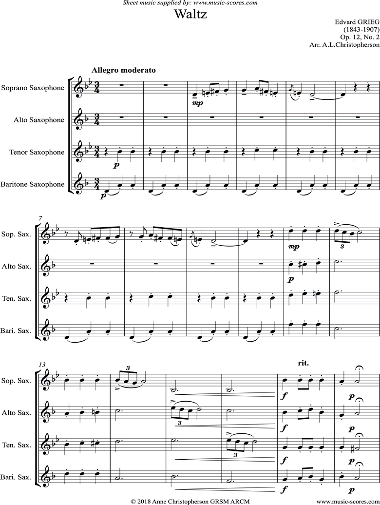 Front page of Op.12, No.2: Waltz: Sax Quartet sheet music