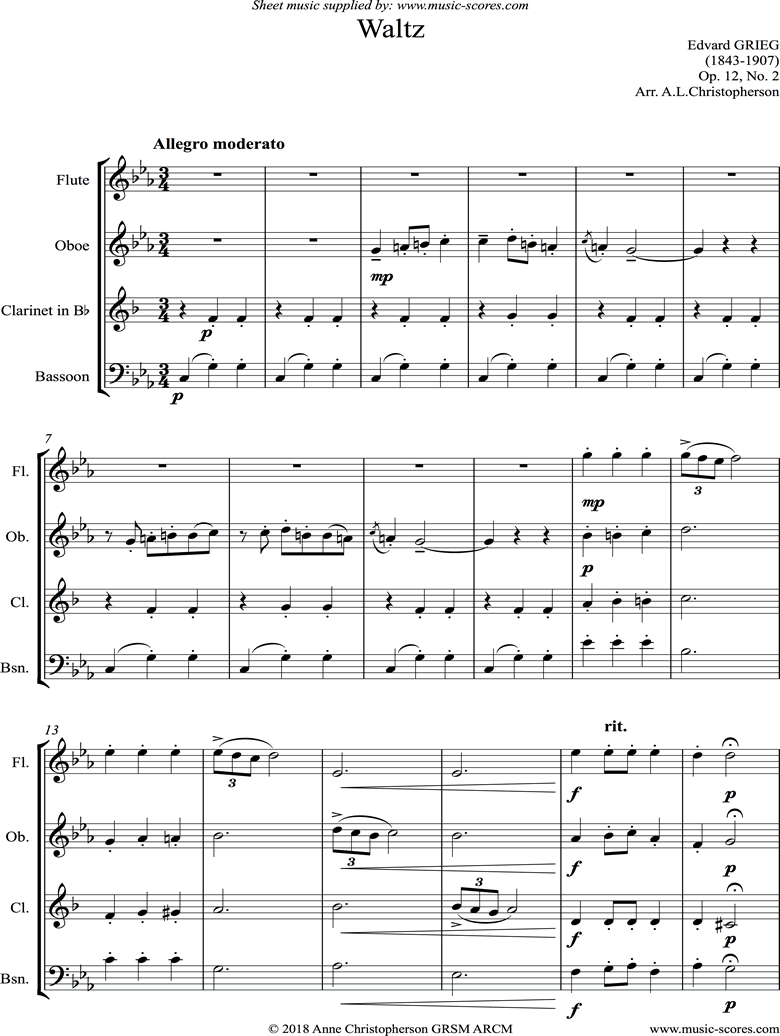 Front page of Op.12, No.2: Waltz: Wind Quartet sheet music