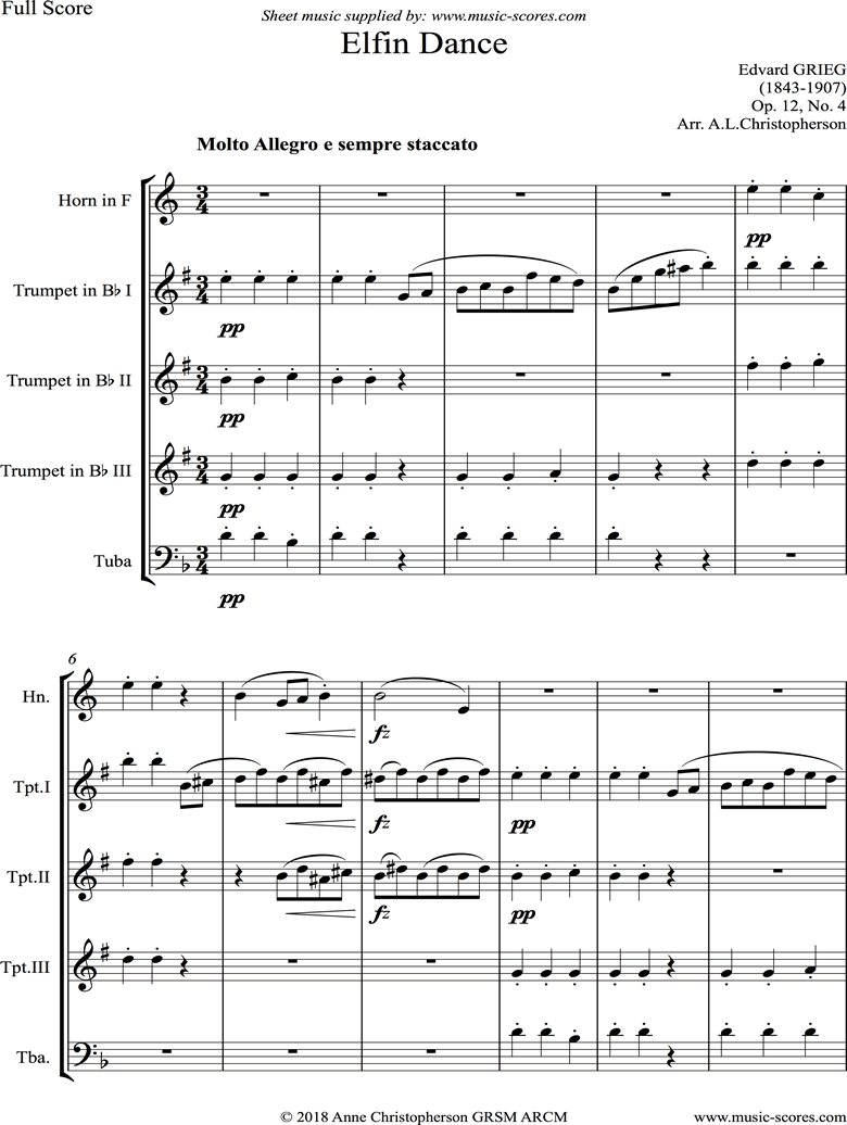 Op.12, No.4: Fairy Dance: Brass Quintet by Grieg