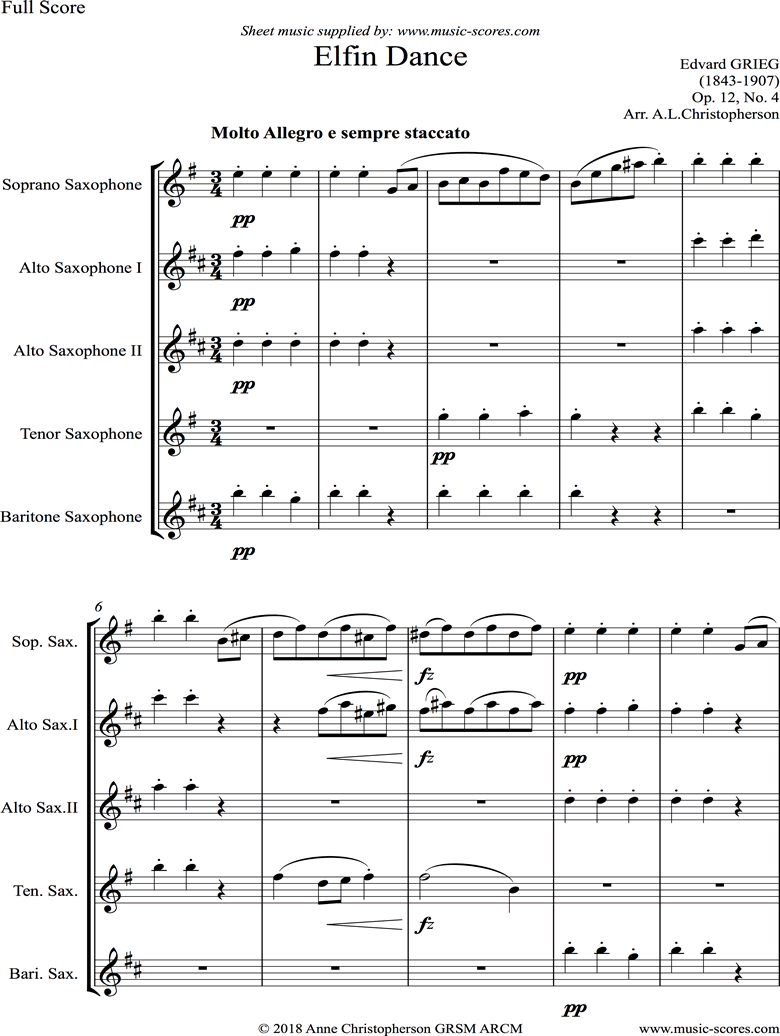 Op.12, No.4: Fairy Dance: Saxophone Quintet by Grieg
