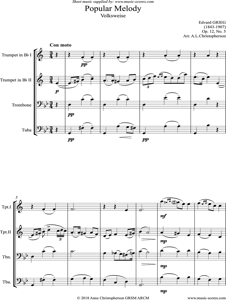 Op.12, No.5: Popular Melody: Brass quartet by Grieg