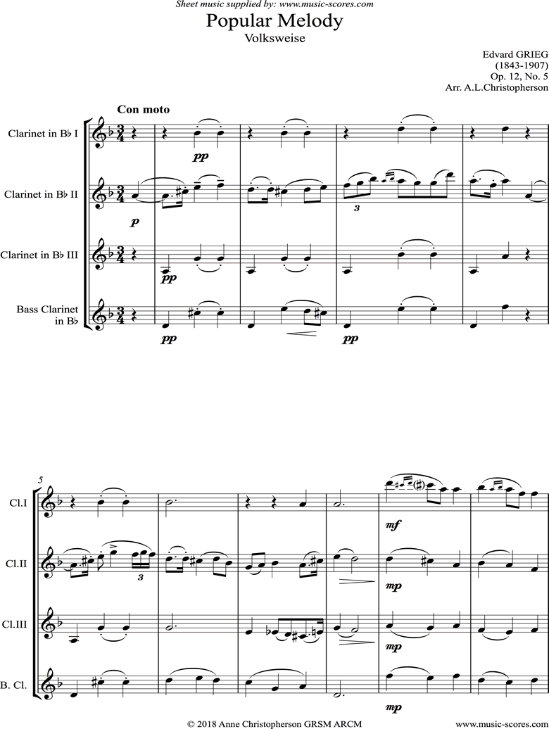 Op.12, No.5: Popular Melody: Clarinet quartet by Grieg