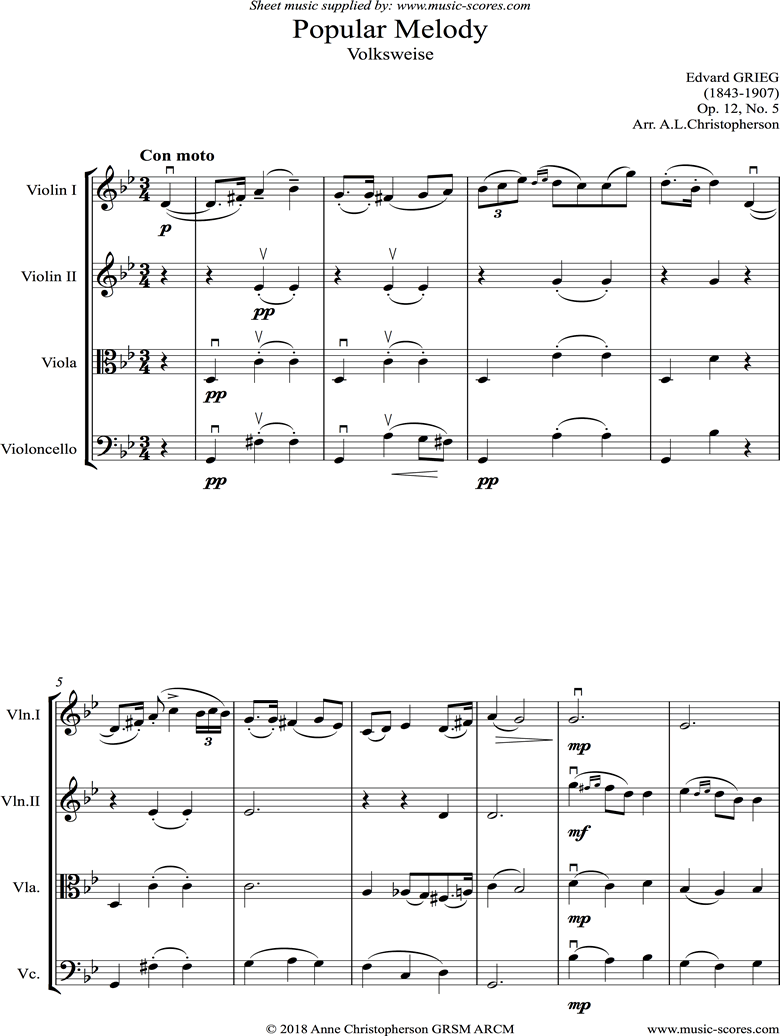 Op.12, No.5: Popular Melody: String quartet by Grieg