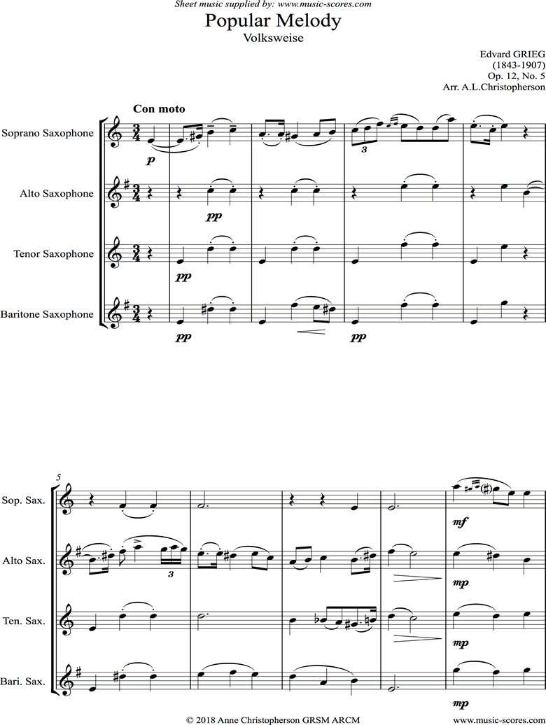 Op.12, No.5: Popular Melody: Saxophone quartet by Grieg