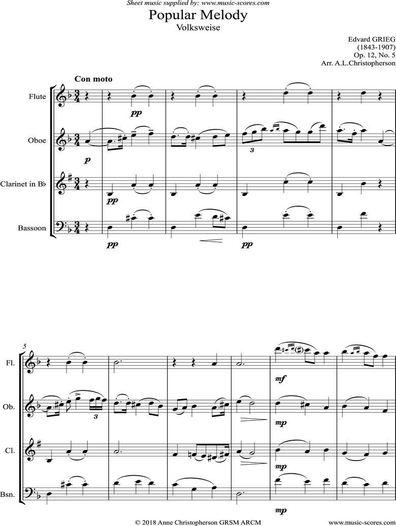 Op.12, No.5: Popular Melody: Wind quartet by Grieg
