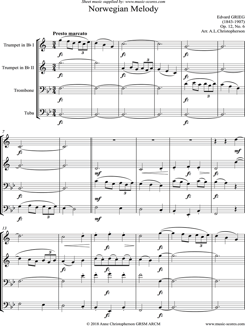 Front page of Op.12, No.6: Norwegian Melody: Brass Quartet sheet music
