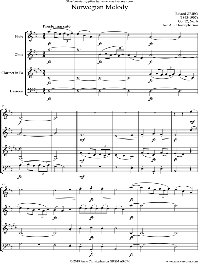 Front page of Op.12, No.6: Norwegian Melody: Wind Quartet sheet music
