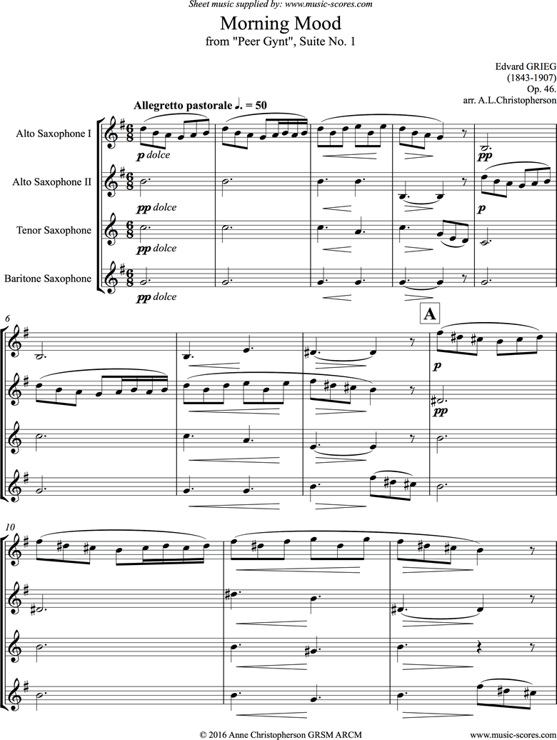 Op.46: Morning Mood: Peer Gynt No.1: Short: Sax Quartet by Grieg